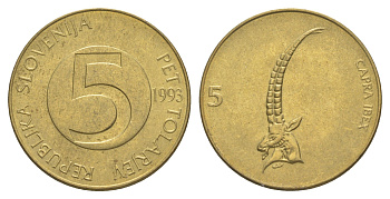 Словения 5 толаров 1993 ибекс, альпийский горный козел KM 6 латунь 4571-245