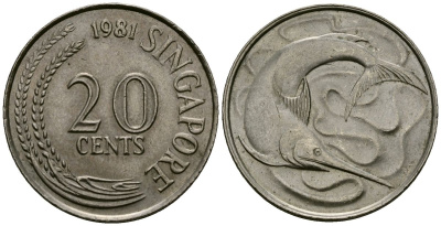 Сингапур 20 центов 1981 голубой марлин, тунец KM 4 медно-никель 4138-953