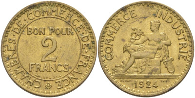 ФРАНЦИЯ 2 ФРАНКА 1924 ТИП CHAMBRES DE COMMERCE KM 877, LE FRANC 267.6 алюминиевая бронза 69-1211