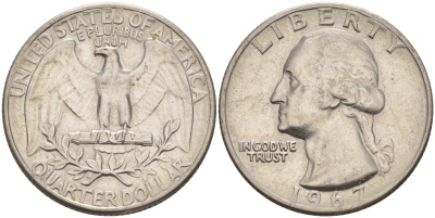США 25 центов (квотер) 1967 Вашингтон KM 164a медь плакированная медно-никелем 4114-753
