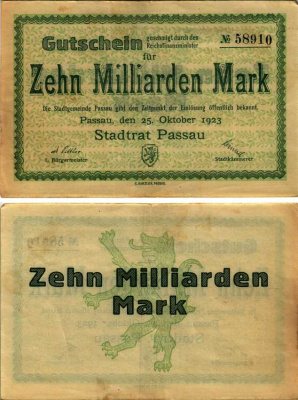 ПАССАУ 10000000000 МАРОК 1923 НОТГЕЛЬД, 25 ОКТЯБРЯ 1923, ЗЕМЛЯ БАВАРИЯ бумага 6279-3-1-1