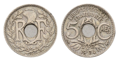 Франция 5 сантимов 1934 KM 875 медно-никель 4651-853