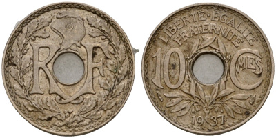 Франция 10 сантимов 1937 KM 866a медно-никель 4601-723