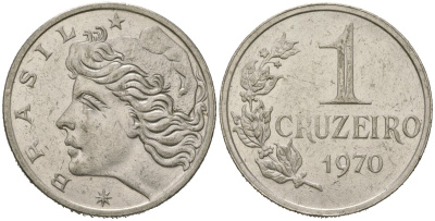 Бразилия 1 крузейро 1970 KM 581 никель 4619-616