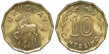 Уругвай 10 сентесимо 1981 KM 66 алюминиевая бронза 4169-516
