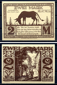 Падерборн (Вестфалия) 2 марки 1921 на ослиной аллее DeNG 1/2 1043.7-5/5 картон UNC (пресс) 7556-4-1-2