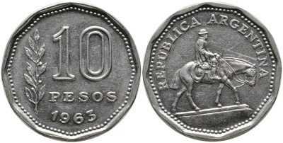 Аргентина 10 песо 1963 Гаучо KM 60 никелированная сталь 4525-944
