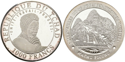 Чад 1000 франков 1999 серия наследие мировых культур, Мачу-Пикчу серебро PROOF 00-000-00