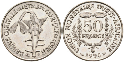 Валютное сообщество стран Западной Африки 50 франков 1996  KM 6 медно-никель  UNC  4595-736