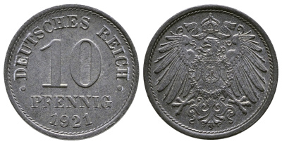 ГЕРМАНИЯ 10 ПФЕННИГОВ 1921 KM 26, J. 299 цинк 4380-232