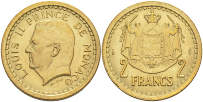 Монако 2 франка 1945 Луи II (1922-1949) KM 121а алюминиевая бронза 190-546
