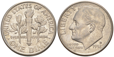 США 10 ЦЕНТОВ = 1 ДАЙМ 1992 D, РУЗВЕЛЬТ KM 195a медь плакированная медно-никелем 187-1067