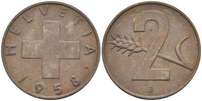Швейцария 2 раппена 1958 В KM 47 бронза 4591-1226
