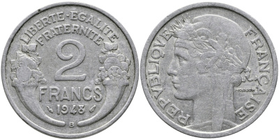 Франция 2 франка 1948 В KM 886а.2 алюминий 23-145