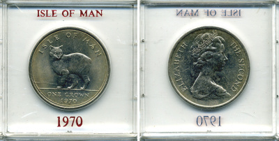 Остров Мэн 1 крона 1970 кошка Мэна, в оригинальной пластиковой коробке KM 18 медно-никель UNC 6-6-1-30