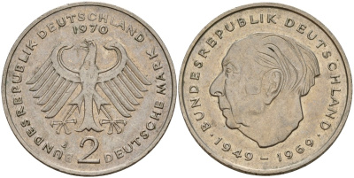 ФРГ 2 марки 1970 J, Конрад Аденауэр KM 124, J. 406 медно-никель 4159-1157