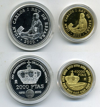 Испания 40000 и 2000 песете 2000 выступление короля серебро, золото PROOF 00-00