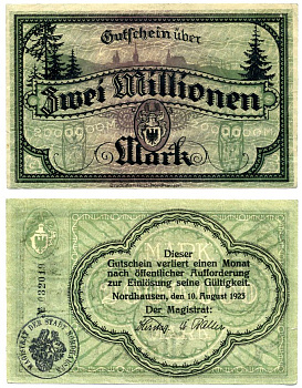НОРДХАУЗЕН 2000000 марок (2 миллиона) 1923 10 августа 1923, нотгельд, земля ЭРФУРТ Geiger 3955а бумага 2193-28-1-2