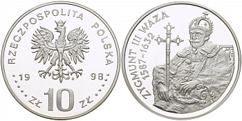 Польша 10 злотых 1998 MW, серия польские корабли, Сигизмунд III Ваза, с крестом, тираж 7000 экземпляров KM 338 серебро PROOF 1084-7-42