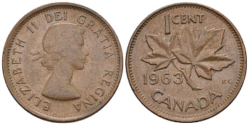 Канада 1 цент 1963 Елизавета II (1952-2022), кленовый лист KM 49 бронза 4609-124