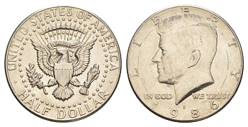 США 1/2 доллара (50 центов) 1986 D, Джон Кеннеди KM A202b медь плакированная медно-никелем aUNC 4367-943