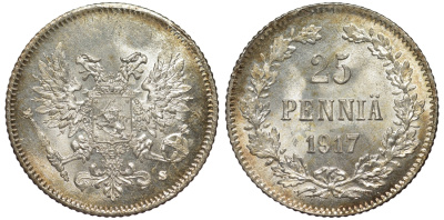 Россия для Финляндии 25 пенни 1917 S, временное правительство, без короны KM 19, Биткин 2 серебро 75-1451