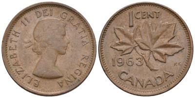 Канада 1 цент 1963 Елизавета II (1952-2022), кленовый лист KM 49 бронза 4609-124