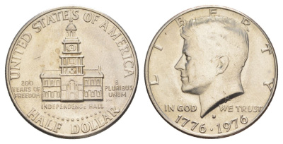 США 1/2 доллара (50 центов) 1976 D, 200 лет независимости, Джон Кеннеди KM 205 медь плакированная медно-никелем aUNC 4545-846