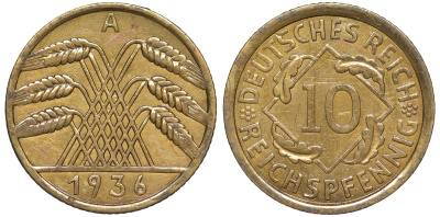 Германия 10 рейхспфеннигов 1936 A KM 40, J. 317 алюминиевая бронза 4604-722