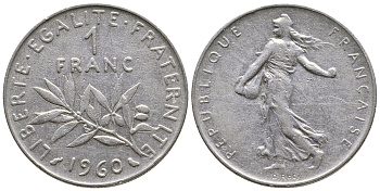 ФРАНЦИЯ 1 ФРАНК 1960 СЕЯТЕЛЬ KM 925.1, LE FRANC 226.4 никель 3999-1034