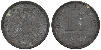 Германия 10 пфеннигов 1919 KM 26, J. 299, Weege 8 цинк 4119-347
