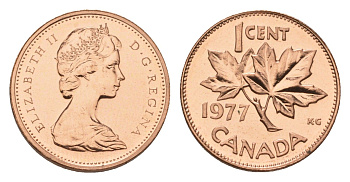Канада 1 цент 1977 Елизавета II (1952-2022), кленовый лист KM 59.1 бронза UNC 4625-1059