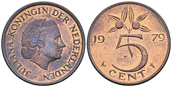 Нидерланды 5 центов 1979 Юлиана (1948-1980) KM 181 бронза UNC 4606-1017