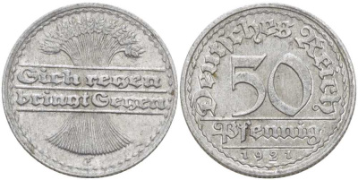 ГЕРМАНИЯ 50 ПФЕННИГОВ 1921 G KM 27, J. 301, Weege 10 алюминий 261-724
