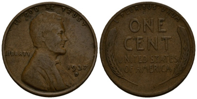 США 1 цент 1937 Линкольн, D KM 132 бронза 4164-815