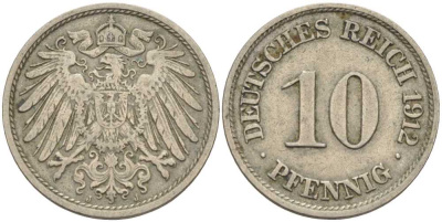 ГЕРМАНИЯ 10 ПФЕННИГОВ 1912 J KM 12, J. 13 медно-никель 33-627
