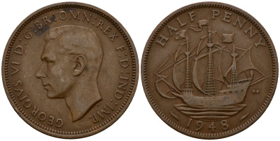 Великобритания 1/2 пенни 1948 Георг VI (1936-1952) KM 844, Spink 4115 бронза 4601-432
