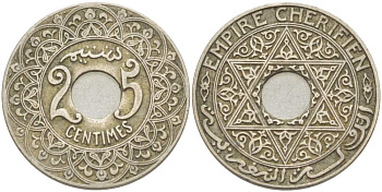 Марокко 25 сантимов 1921 Мулай Юсуф (1912-1927), Французский протекторат KM 34.1 медно-никель 4523-1145