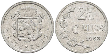 ЛЮКСЕМБУРГ 25 САНТИМОВ 1963 KM 45a.1 алюминий 66-522