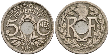 Франция 5 сантимов 1921 KM 875 медно-никель 4596-451