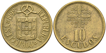 Португалия 10 эскудо 1998 KM 633 никель латунь 4571-946