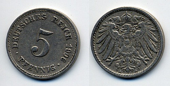 ГЕРМАНИЯ 5 ПФЕННИГОВ 1906 A, KM 11, J. 12 медно-никель 76-125