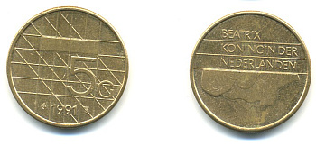 НИДЕРЛАНДЫ 5 ГУЛЬДЕНОВ 1991 KM 210 никель плакированный бронзой 84-1032