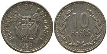 Колумбия 10 песо 1993 KM 281 никель латунь 4538-815