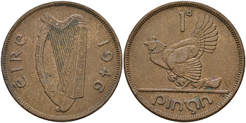 Ирландия 1 пенни 1946 курица с цыплятами KM 11 бронза 4137-715