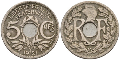 Франция 5 сантимов 1921 KM 875 медно-никель 4596-451