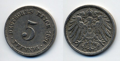 ГЕРМАНИЯ 5 ПФЕННИГОВ 1906 A, KM 11, J. 12 медно-никель 76-125