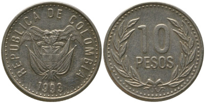 Колумбия 10 песо 1993 KM 281 никель латунь 4538-815