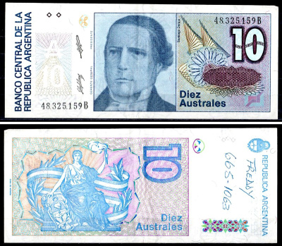 Аргентина 10 аустралей ND (1985-1989) Pick 325 b бумага 6300-9-3-2