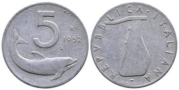 ИТАЛИЯ 5 ЛИР 1952 R, РУЛЬ, ДЕЛЬФИН KM 92 алюминий 261-1626